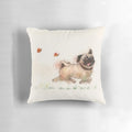 Beige pillow with a watercolor pug design and furminator logo
