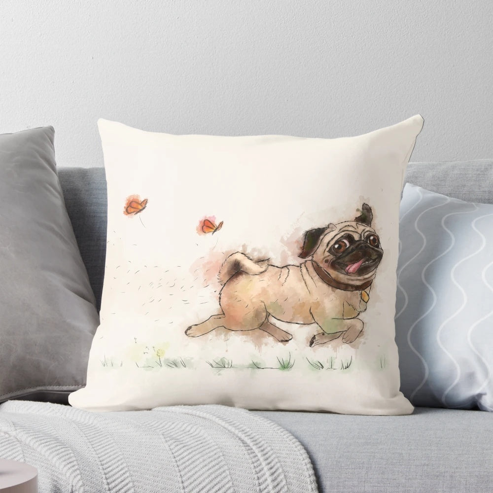 Beige pillow with a watercolor pug design and furminator logo