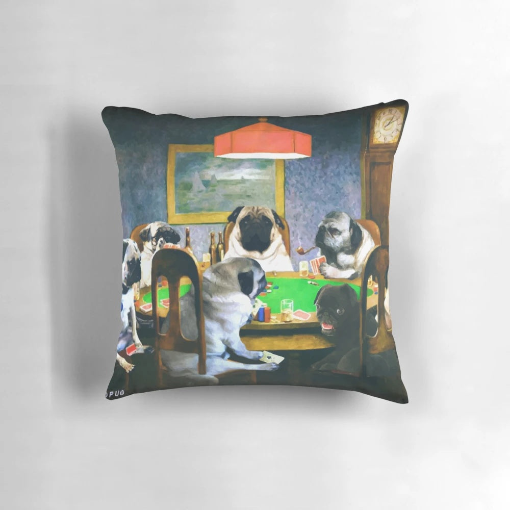 Pug pillow with pugs playing poker design, perfect for pug lovers and home decor.