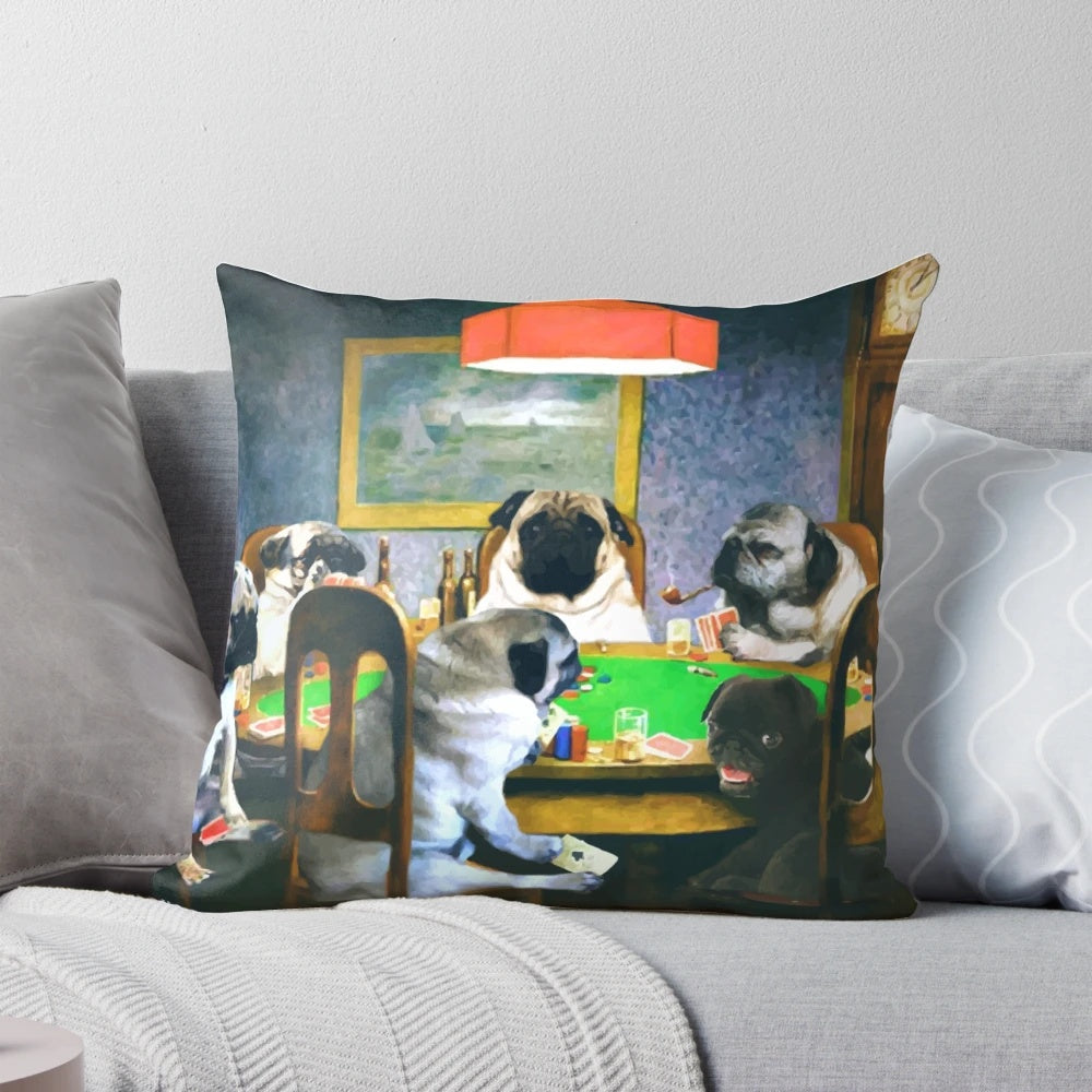 Pug pillow with pugs playing poker design, perfect for pug lovers and home decor.