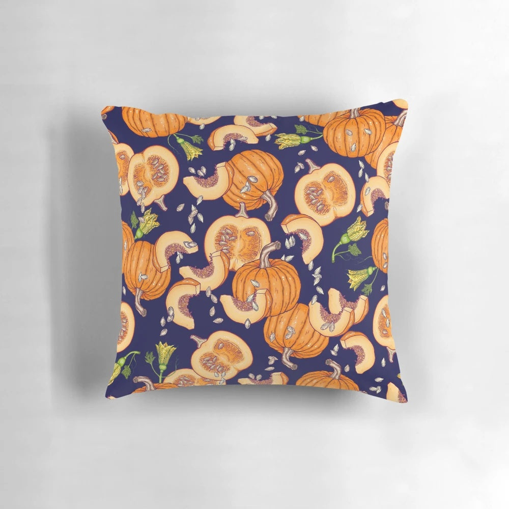 Pumpkin-themed throw pillow with an autumn-inspired floral and leaf pattern