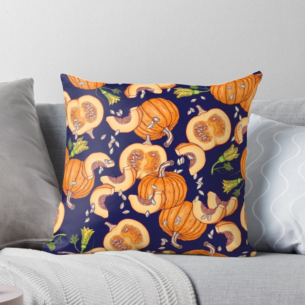 Pumpkin-themed throw pillow with an autumn-inspired floral and leaf pattern