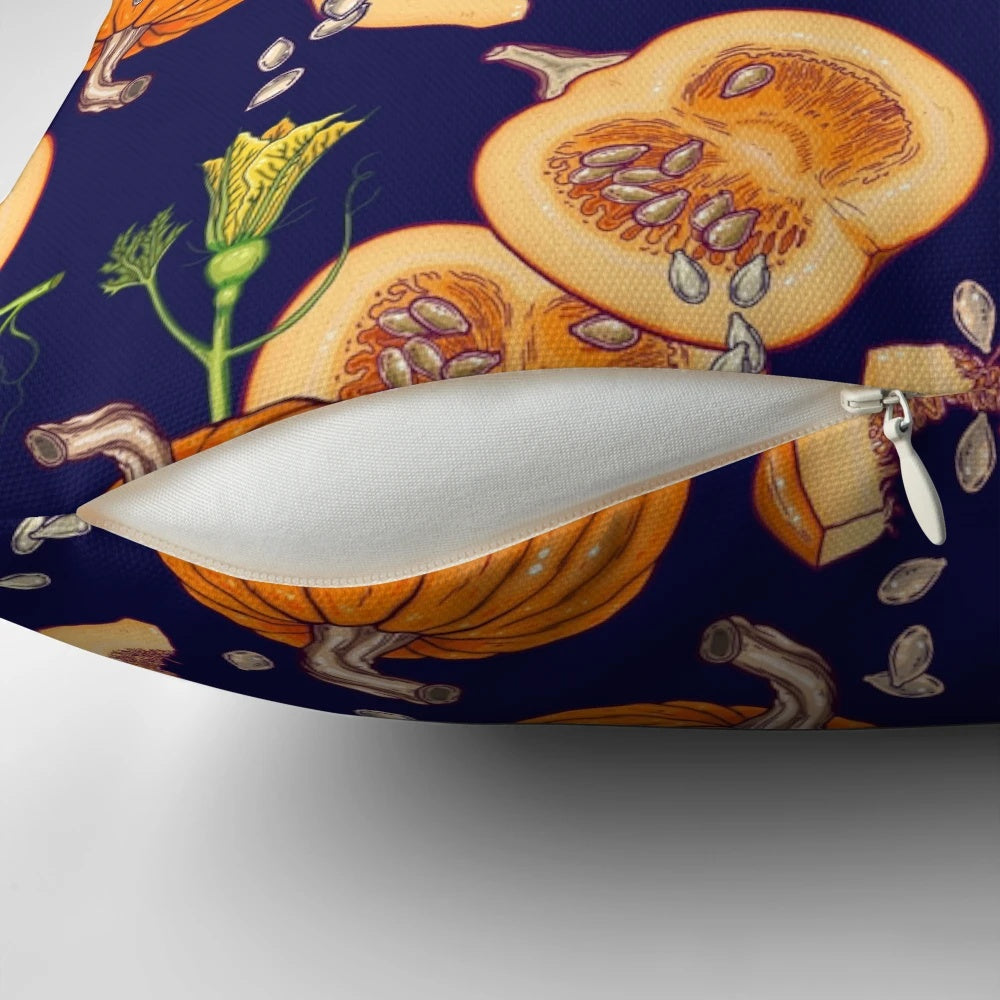 Pumpkin-themed throw pillow with an autumn-inspired floral and leaf pattern