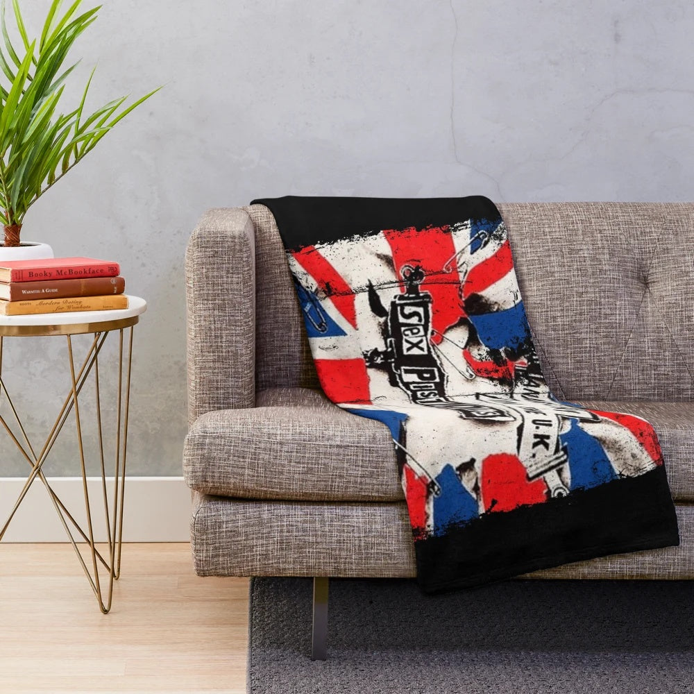 Punk rock-themed plush blanket with 80s punk band logo