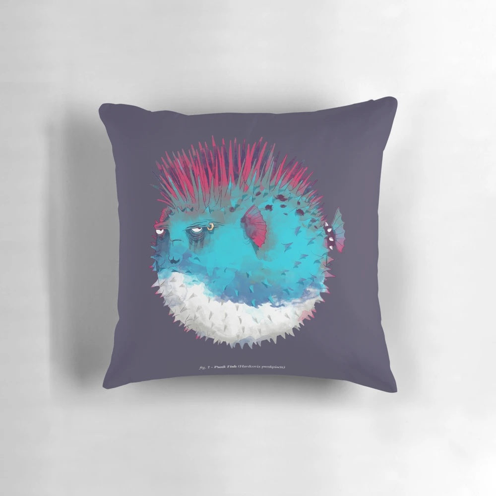 Punk rock-themed pufferfish throw pillow with guitar design