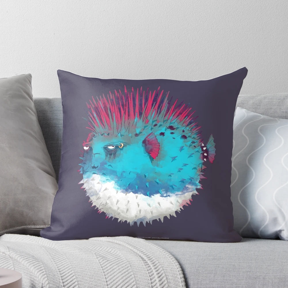 Punk rock-themed pufferfish throw pillow with guitar design