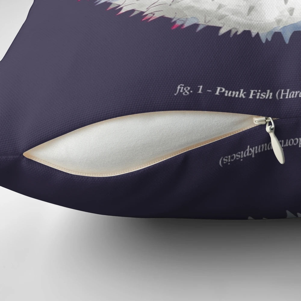 Punk rock-themed pufferfish throw pillow with guitar design