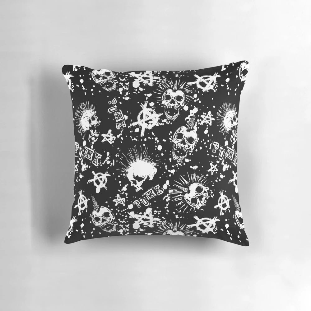 Punk rock-inspired pillow with a bold skull and skeleton design, perfect for adding an edgy, anarchist-style touch to your home decor.