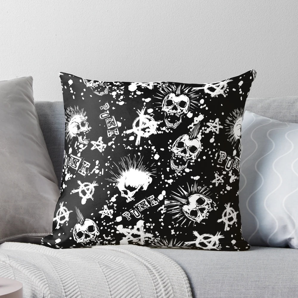Punk rock-inspired pillow with a bold skull and skeleton design, perfect for adding an edgy, anarchist-style touch to your home decor.