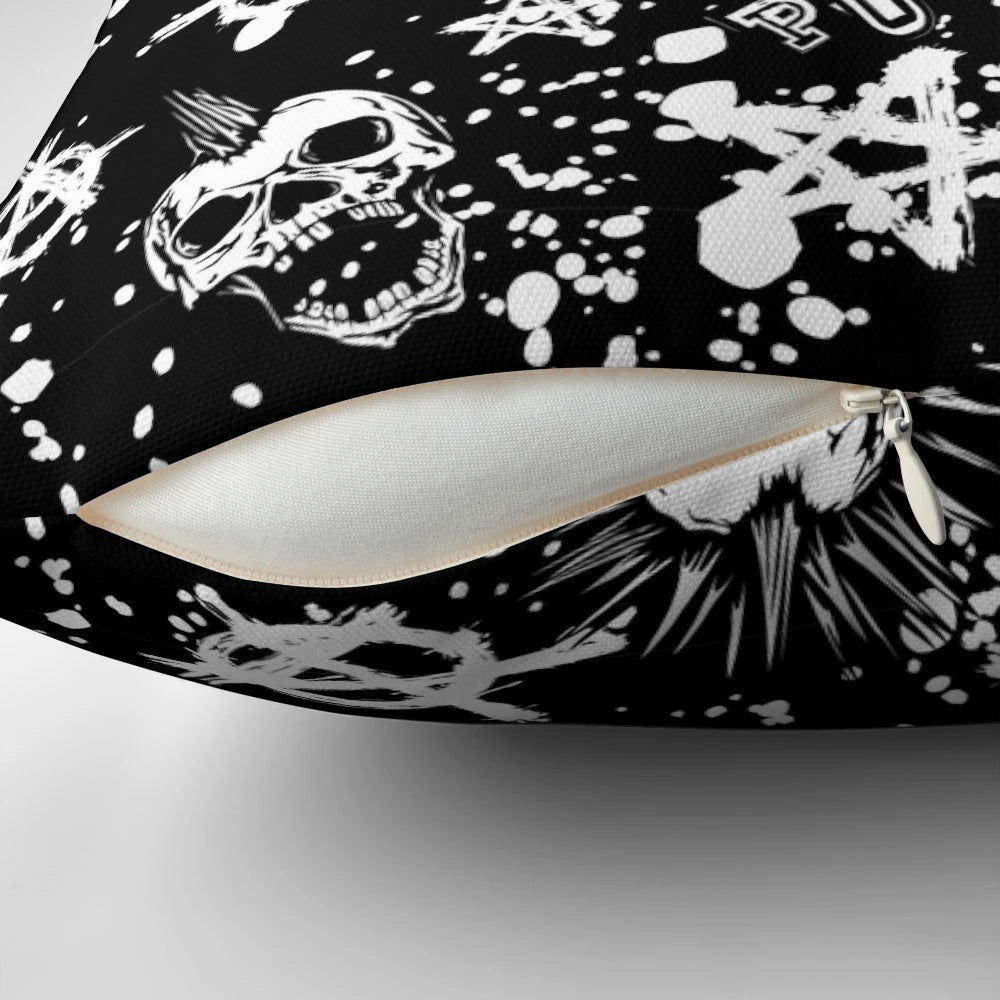 Punk rock-inspired pillow with a bold skull and skeleton design, perfect for adding an edgy, anarchist-style touch to your home decor.