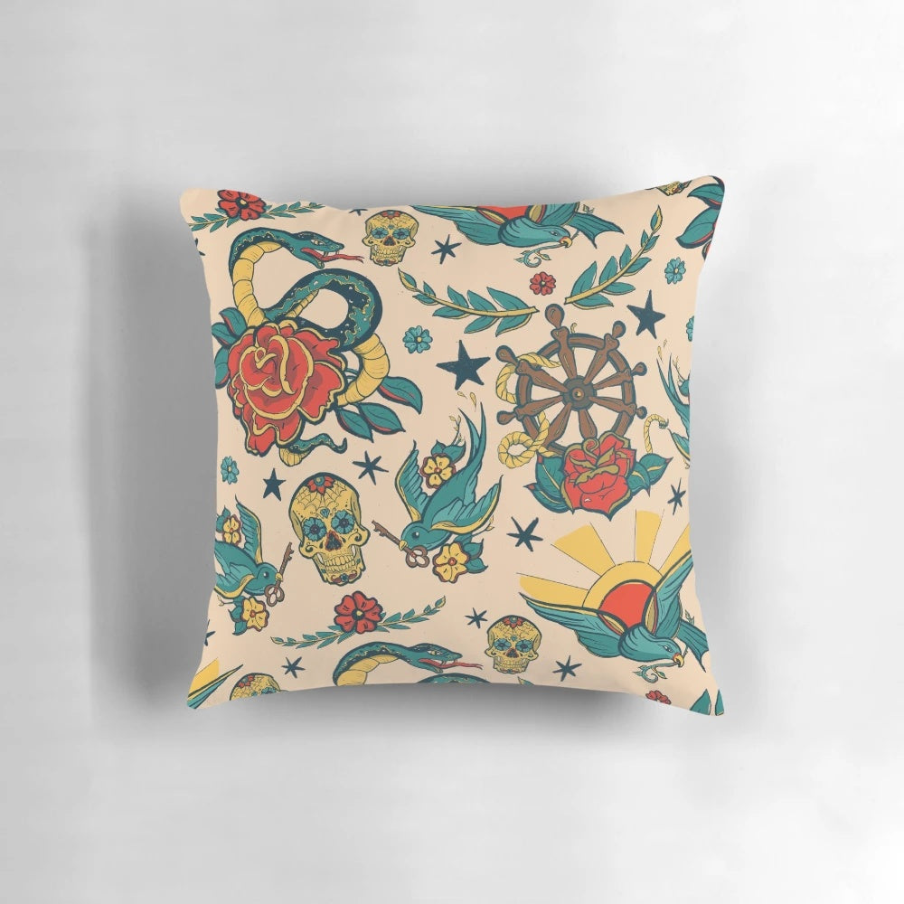 Punk tattoo pattern design illustration on a decorative throw pillow