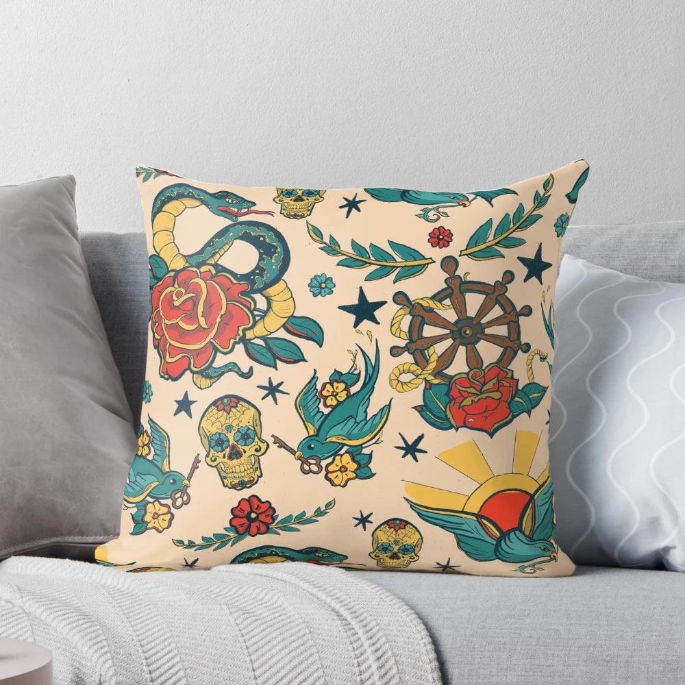 Punk tattoo pattern design illustration on a decorative throw pillow