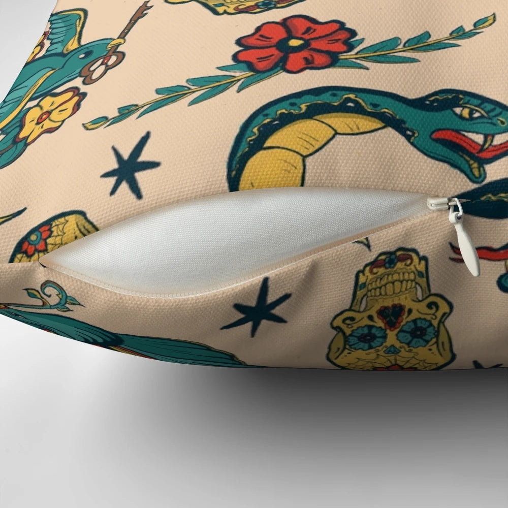 Punk tattoo pattern design illustration on a decorative throw pillow