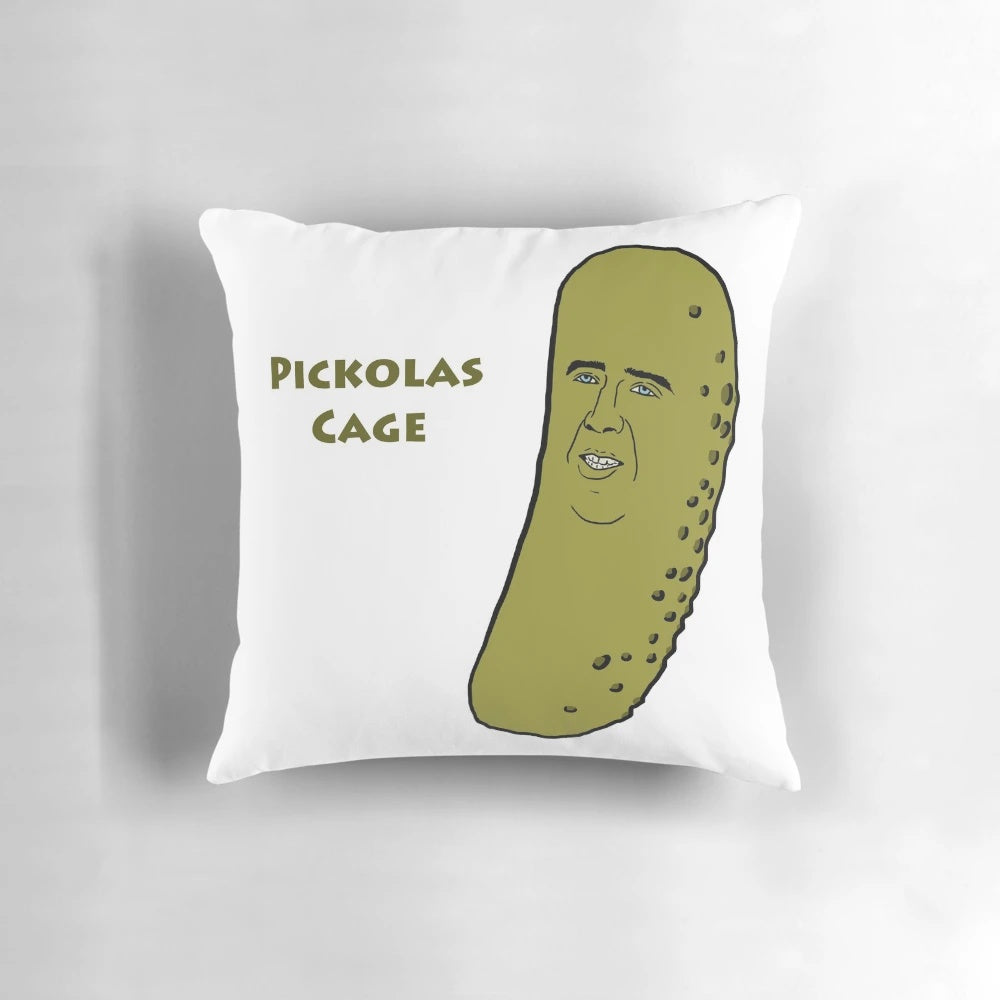 A plush pillow with a pun-tastic Nicholas Cage design, featuring his iconic face and a playful text pun.