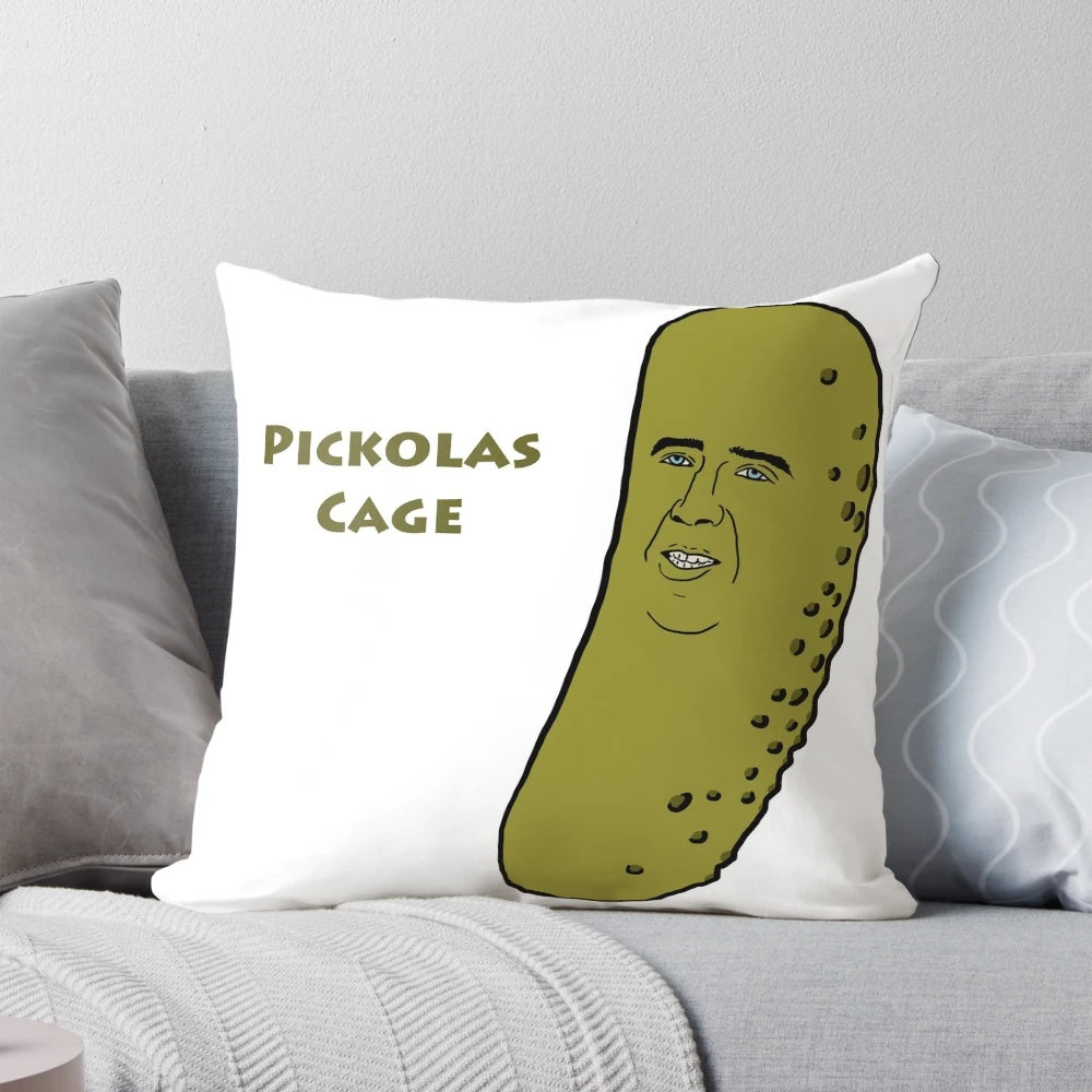 A plush pillow with a pun-tastic Nicholas Cage design, featuring his iconic face and a playful text pun.