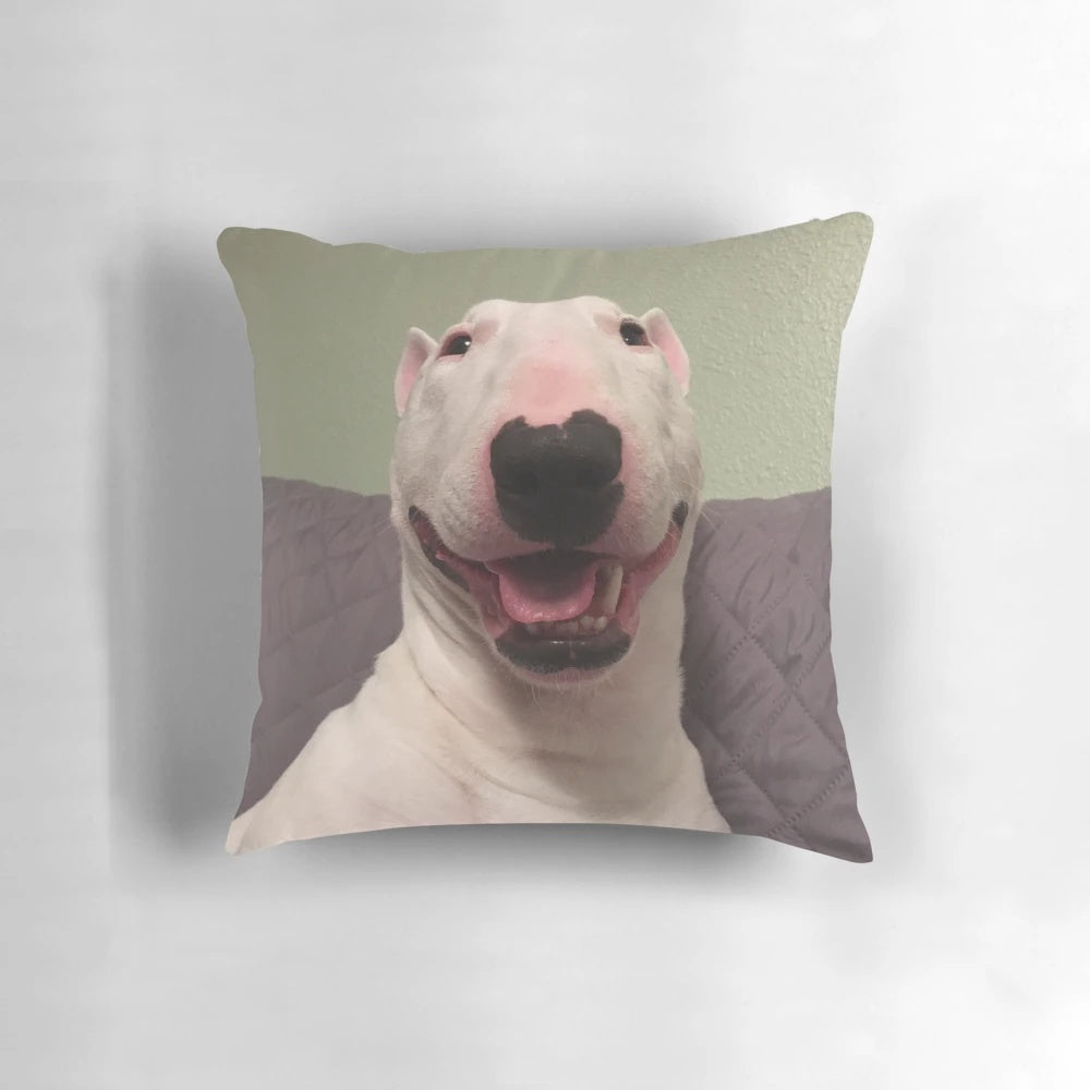 Soft and plush pillow featuring an illustration of a happy bull terrier dog named Nelson