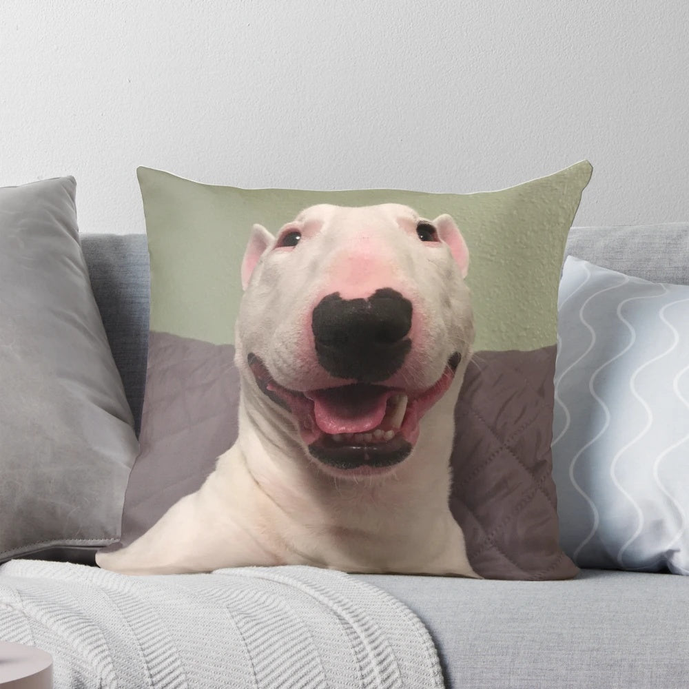 Soft and plush pillow featuring an illustration of a happy bull terrier dog named Nelson