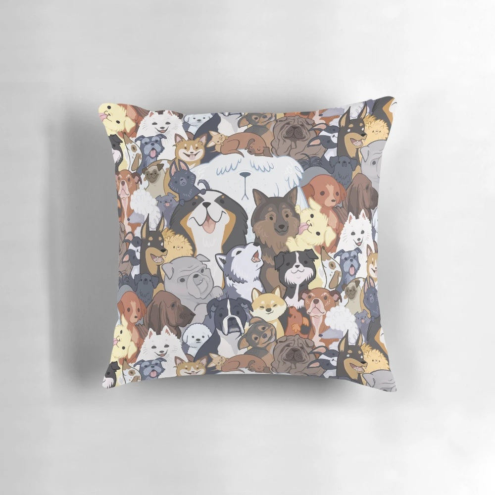 Pupper Party Pillow featuring a fun, colorful design of different dog breeds