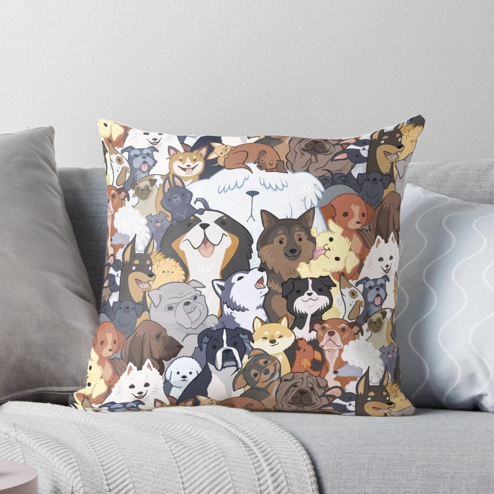 Pupper Party Pillow featuring a fun, colorful design of different dog breeds