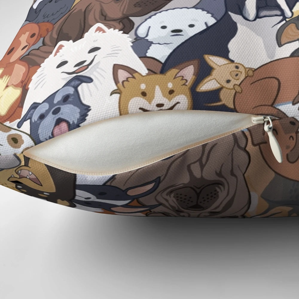 Pupper Party Pillow featuring a fun, colorful design of different dog breeds