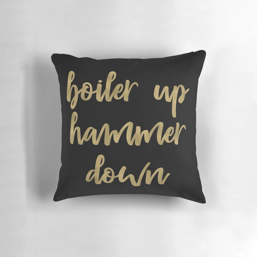 Purdue Boilermakers gold foil throw pillow with "Boiler Up Hammer Down" text