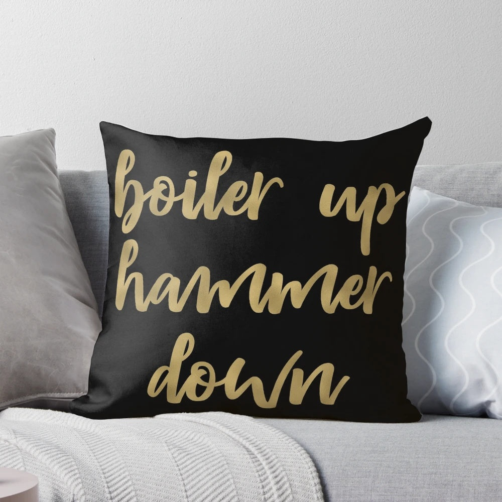 Purdue Boilermakers gold foil throw pillow with "Boiler Up Hammer Down" text