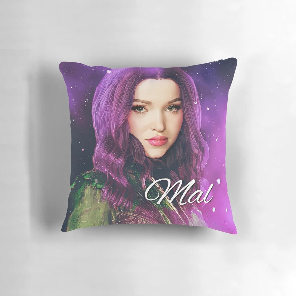 Purple and pink pillow with Mal's design from the Disney Descendants 3 movie
