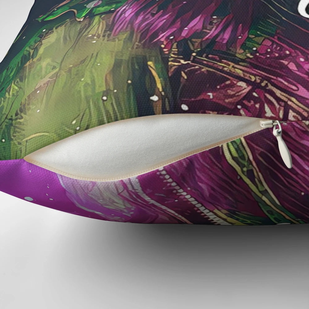 Purple and pink pillow with Mal's design from the Disney Descendants 3 movie