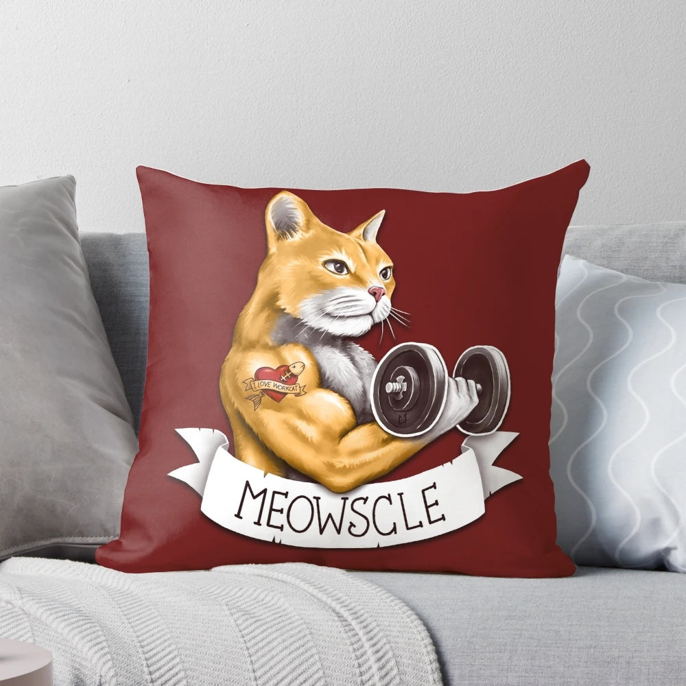 Image of a muscular cat-shaped pillow with the text "Meowscle" on it.
