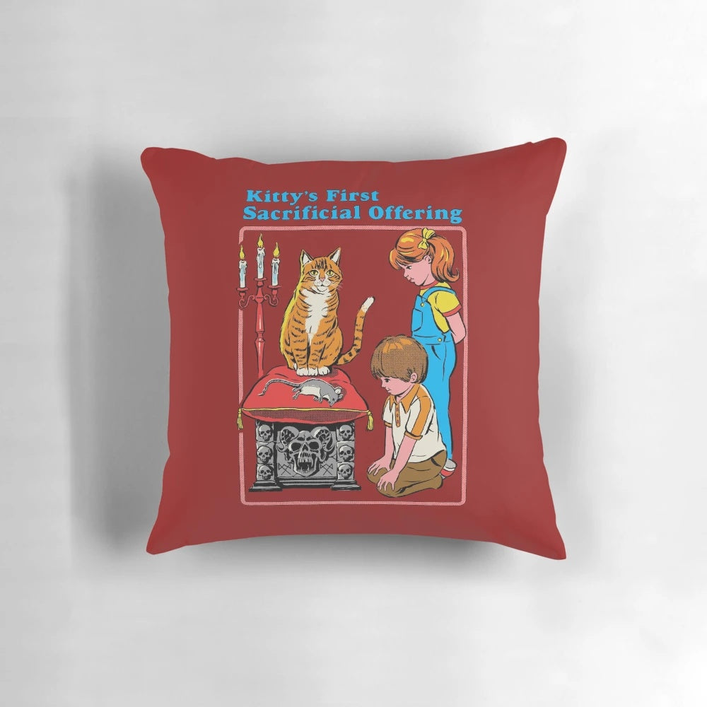 A decorative pillow featuring a cat in an occult-themed design