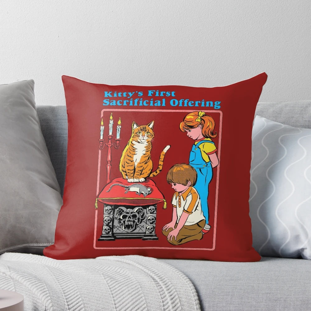 A decorative pillow featuring a cat in an occult-themed design
