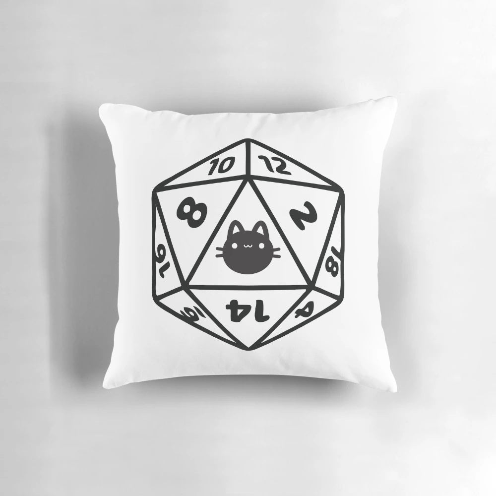 Soft and cuddly cat-themed D20 dice pillow for Dungeons and Dragons fans