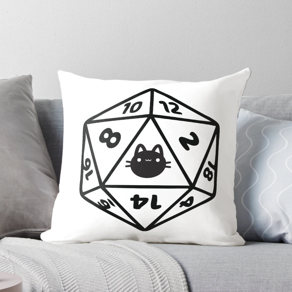 Soft and cuddly cat-themed D20 dice pillow for Dungeons and Dragons fans