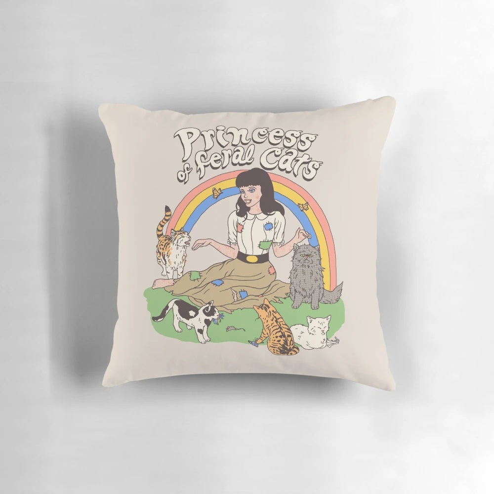 Vintage-inspired throw pillow featuring a whimsical illustration of a cat princess