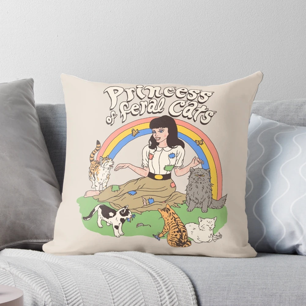 Vintage-inspired throw pillow featuring a whimsical illustration of a cat princess