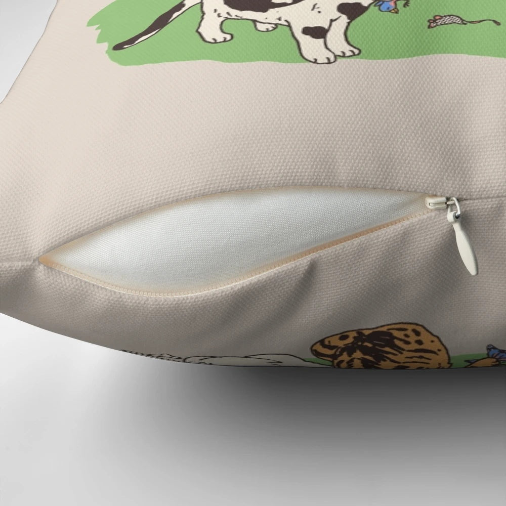 Vintage-inspired throw pillow featuring a whimsical illustration of a cat princess