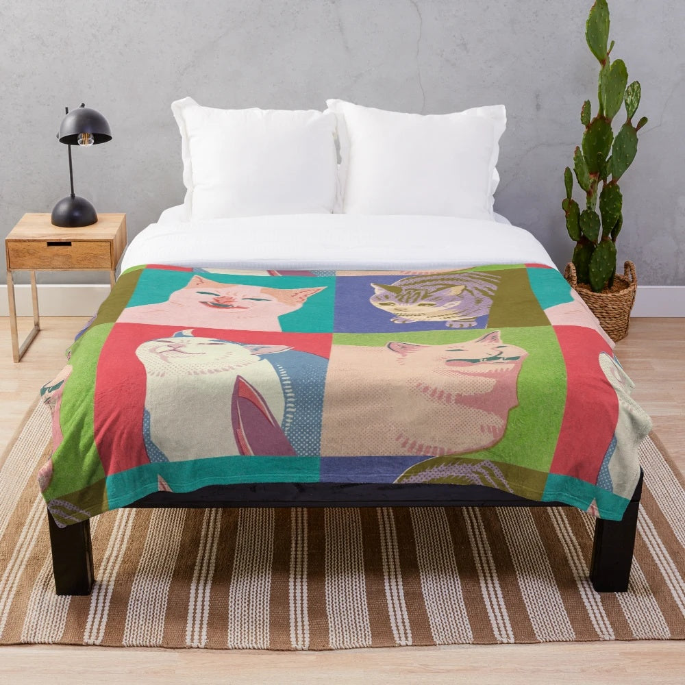 Meme-inspired pop art design of four cats representing the four horsemen of the apocalypse on a cozy plush blanket