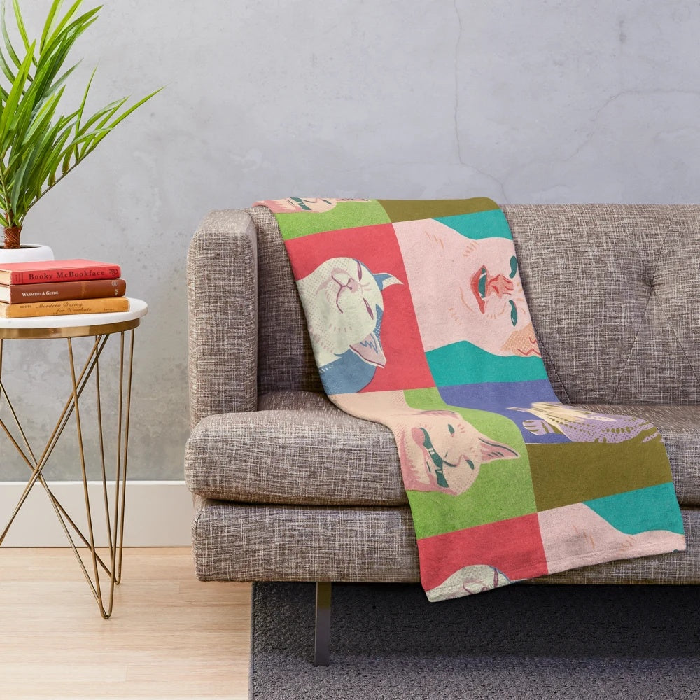 Meme-inspired pop art design of four cats representing the four horsemen of the apocalypse on a cozy plush blanket