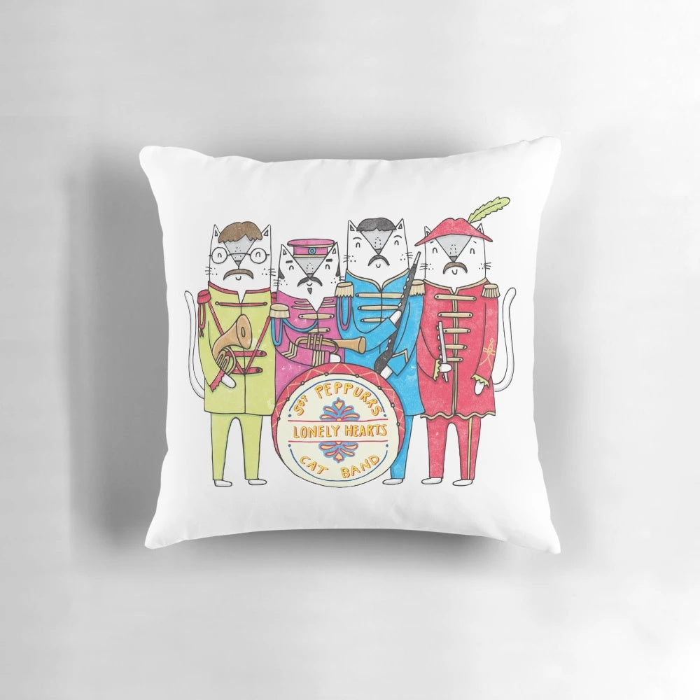 Sgt. Peppurr's Lonely Hearts Cats Band cat-themed pillow featuring a playful pun design