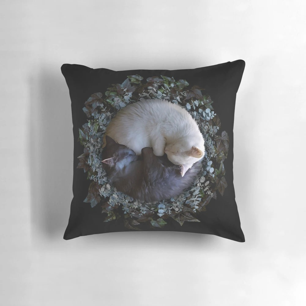 Purrvana Cat Pillow with Wreath of Ivy and Eucalyptus in Yin Yang Design