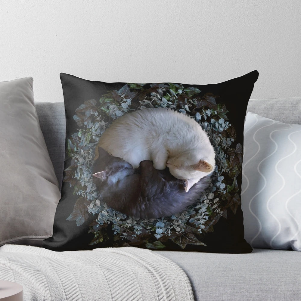 Purrvana Cat Pillow with Wreath of Ivy and Eucalyptus in Yin Yang Design
