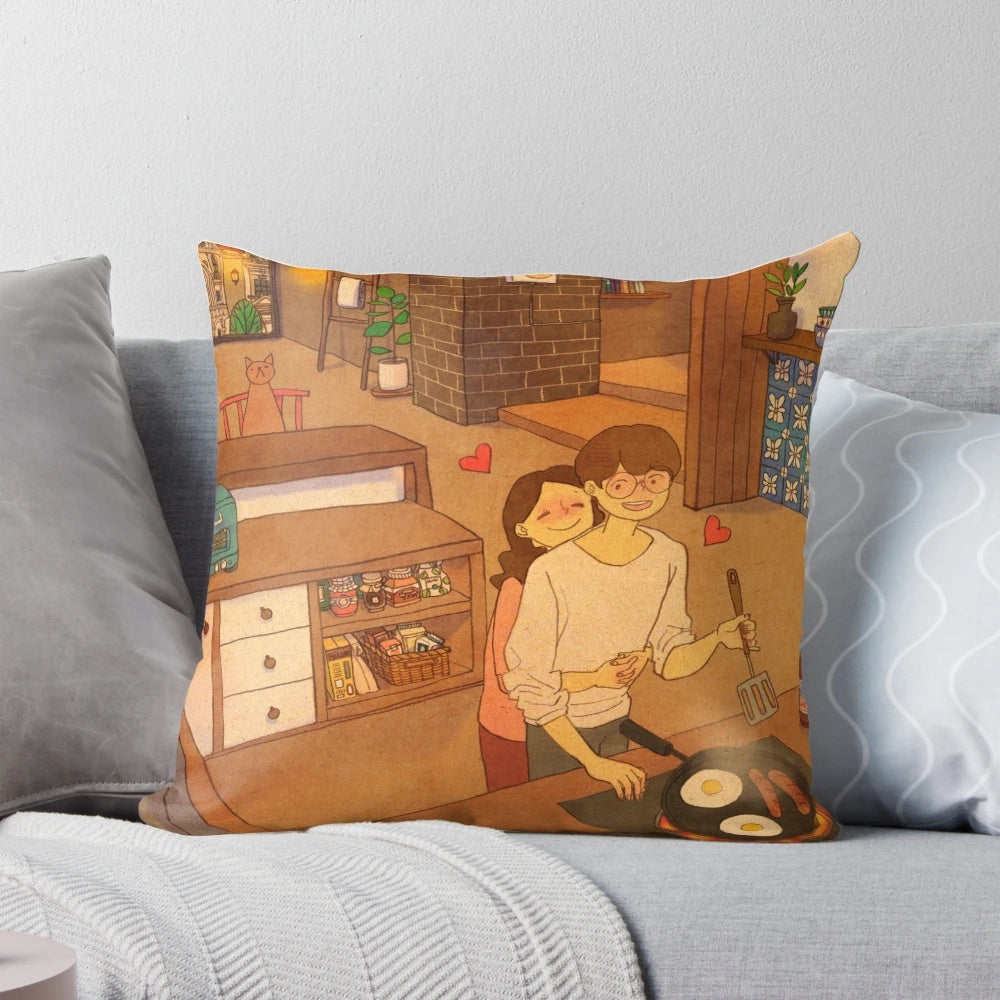 Puuung illustration of a romantic couple cooking in the kitchen, printed on a decorative pillow