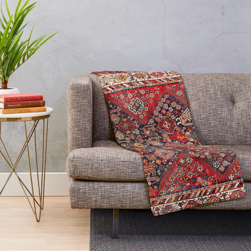 Qashqai-inspired plush blanket with ethnic geometric rug print