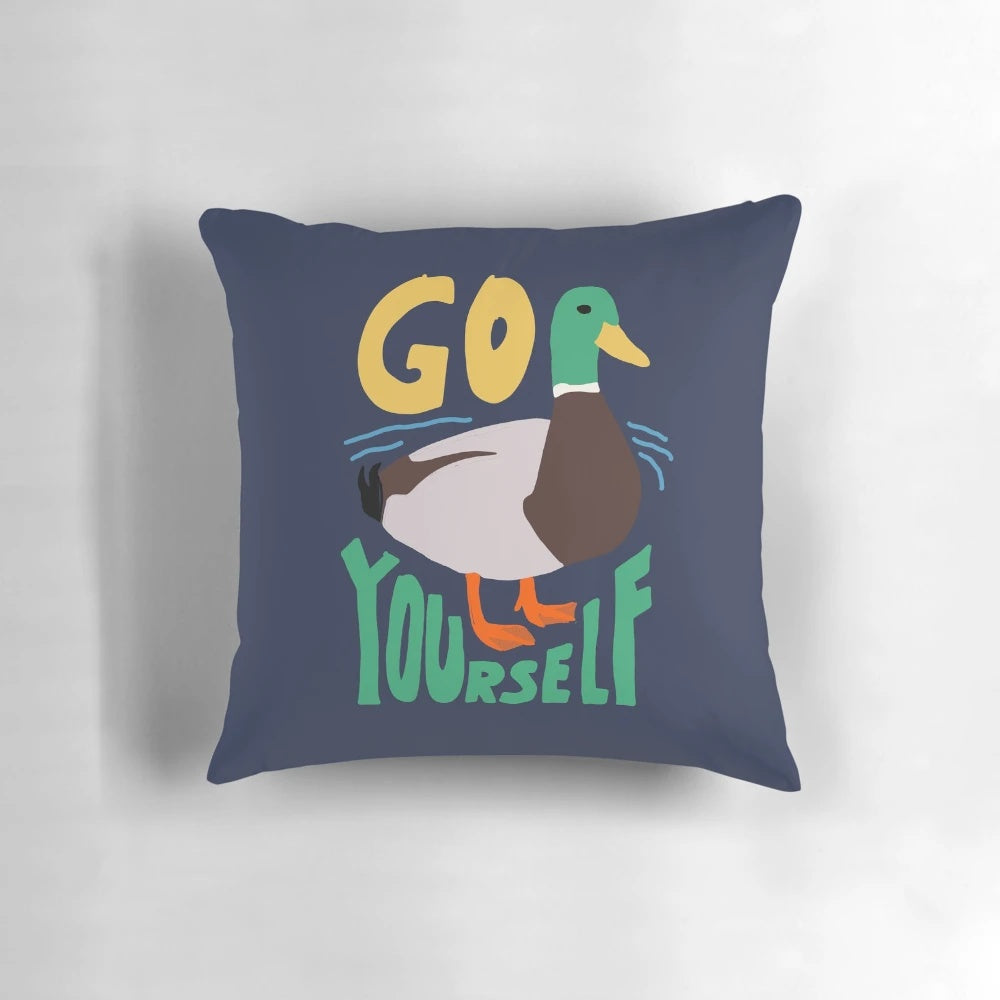 Vibrant and humorous 'Go Duck Yourself' pillow featuring a playful duck illustration