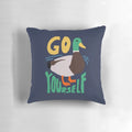 Vibrant and humorous 'Go Duck Yourself' pillow featuring a playful duck illustration