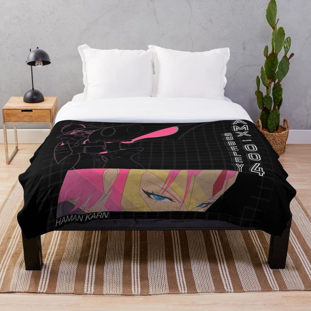 Qubeley-inspired plush blanket featuring Haman Karn, a character from the Gundam anime series