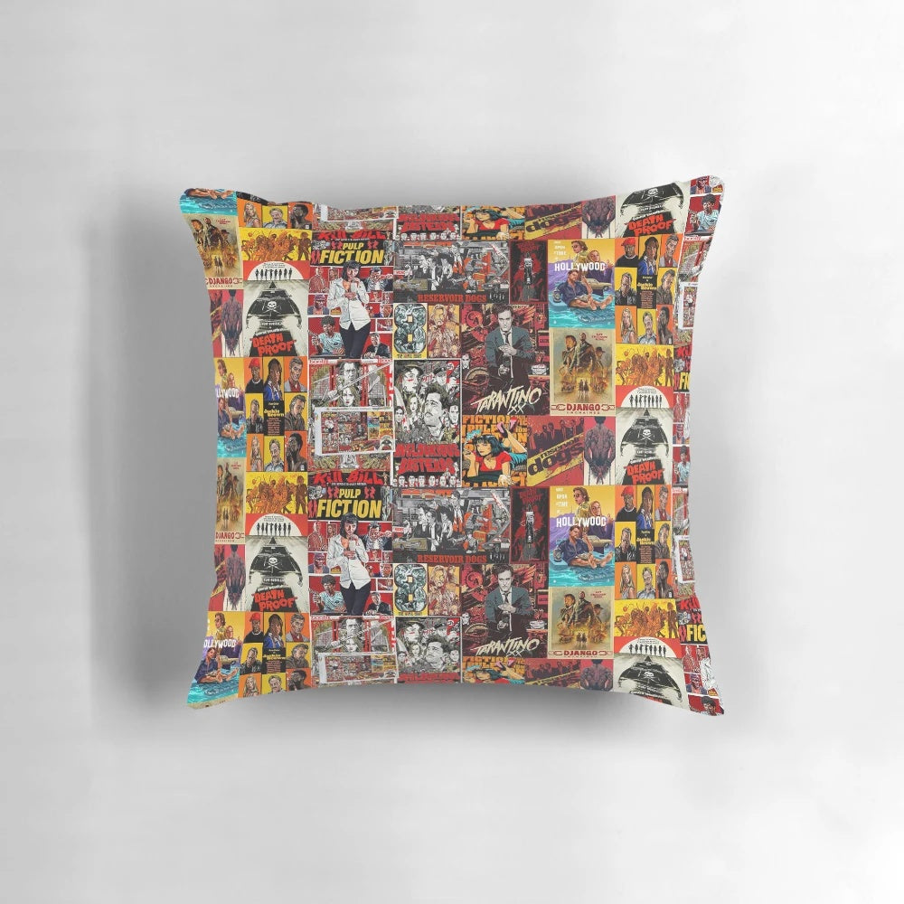 Quentin Tarantino movie poster pattern printed on a soft, comfortable pillow for movie lovers
