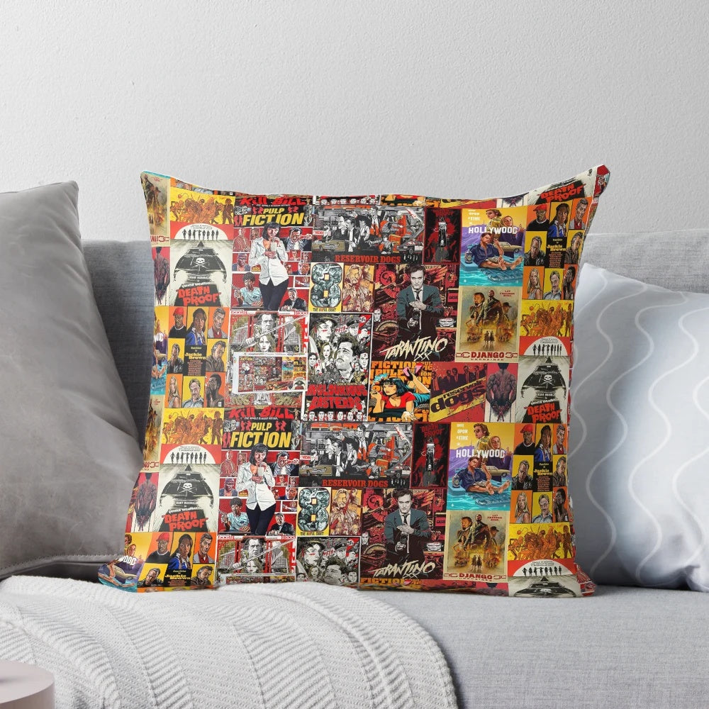 Quentin Tarantino movie poster pattern printed on a soft, comfortable pillow for movie lovers