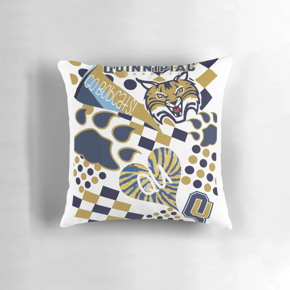 Quinnipiac University themed collage design printed on a soft, comfortable pillow