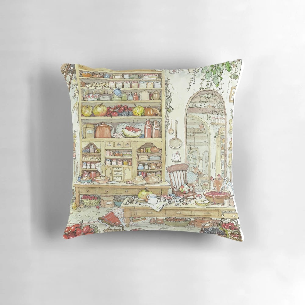 Decorative throw pillow featuring a charming Brambly Hedge illustration of baby mice in a lush English countryside setting.